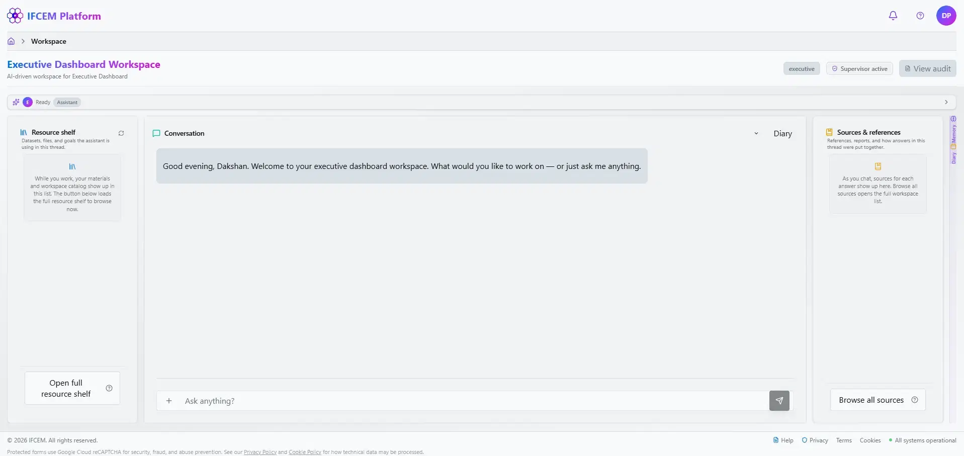 ifCEM workspace showing a clean conversational starting point with a minimal interface for asking a question.